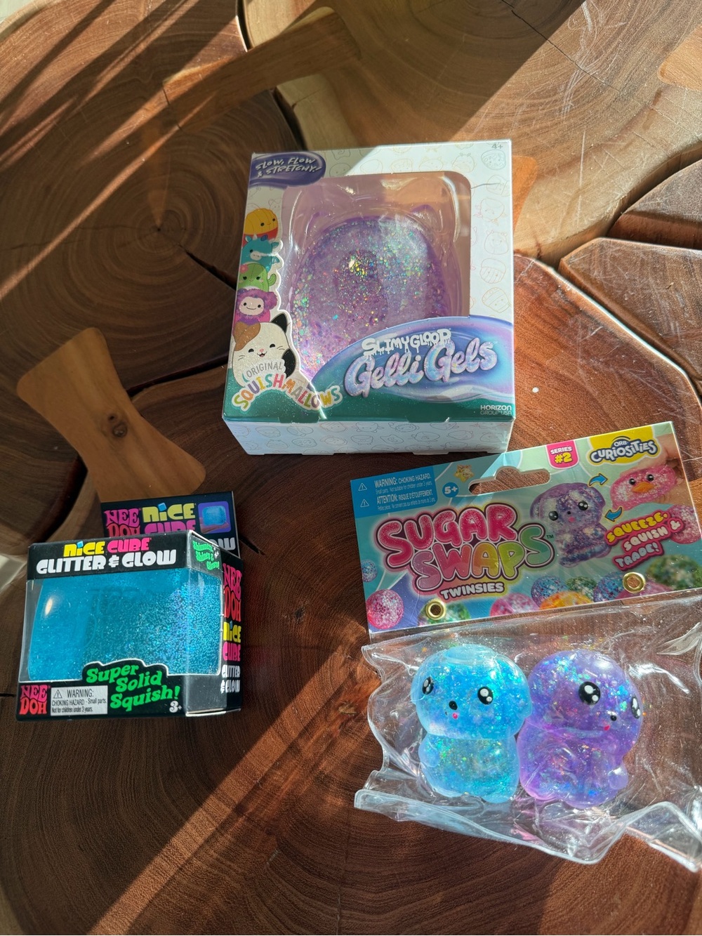 Nee Doh Blue Glitter &Glow, Sugar Swaps Pups, Gelli Gels Purple Glitter Kitty